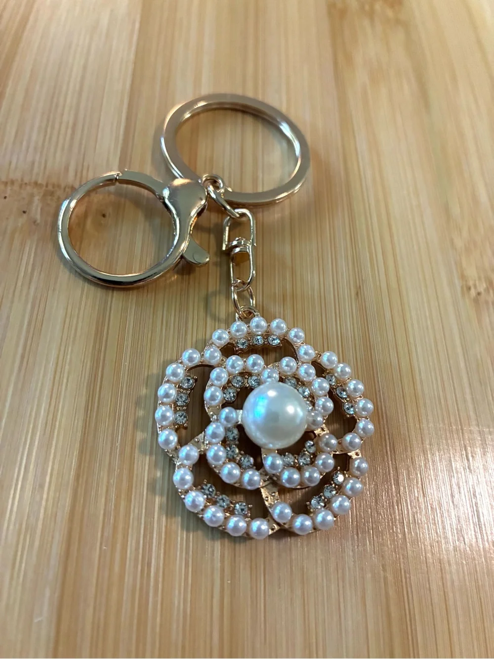 Mint Gold-Tone Pearl & Crystal Floral Keyring Charm